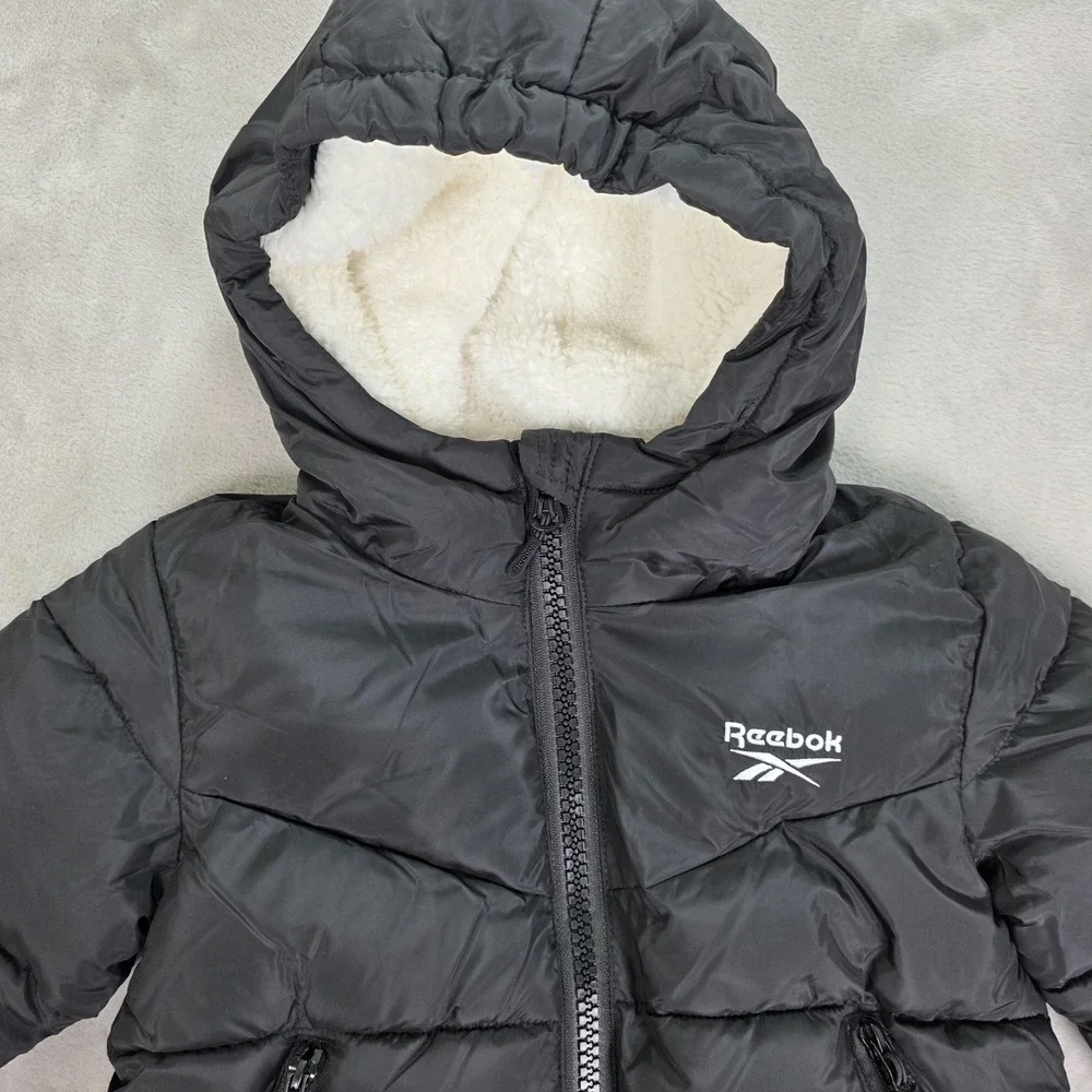 Reebok Jacket Youth 5/6 Black Hooded Puffer Faux Fur Sherpa Lined Winter O2RB697